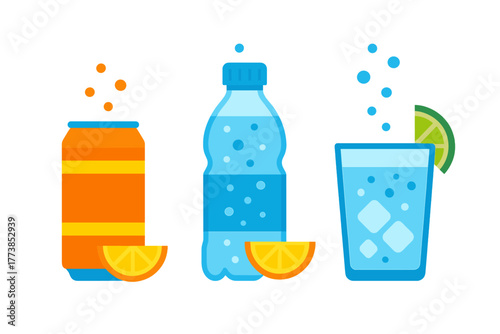 Refreshing carbonated drinks in various containers with citrus fruit slices and ice cubes on white background