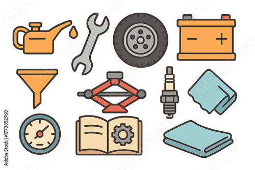 Essential tools and components for vehicle service and auto repair including wrench, tire, battery, and oil