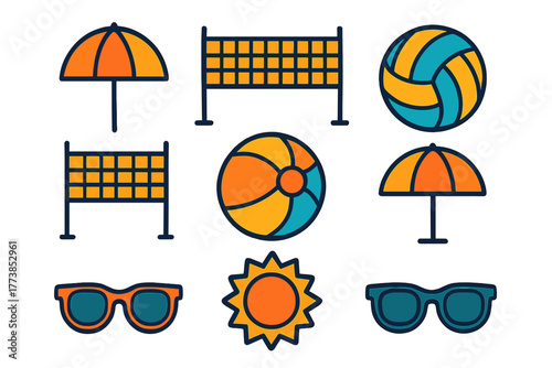 Summer beach vacation elements featuring sun, umbrellas, volleyball net, beach balls, and sunglasses