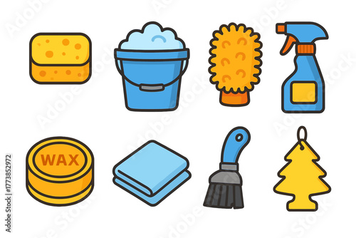 Car wash and detailing tools set including sponge, bucket, mitt, wax, cloth, brush, and air freshener