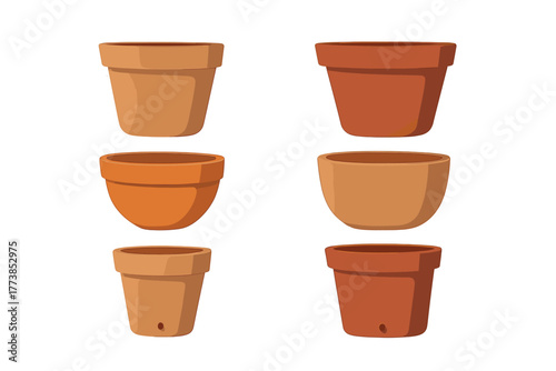 Six empty terracotta flower pots in various shapes and shades for gardening