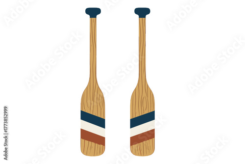 Pair of decorative wooden canoe paddles featuring diagonal stripes isolated on white background