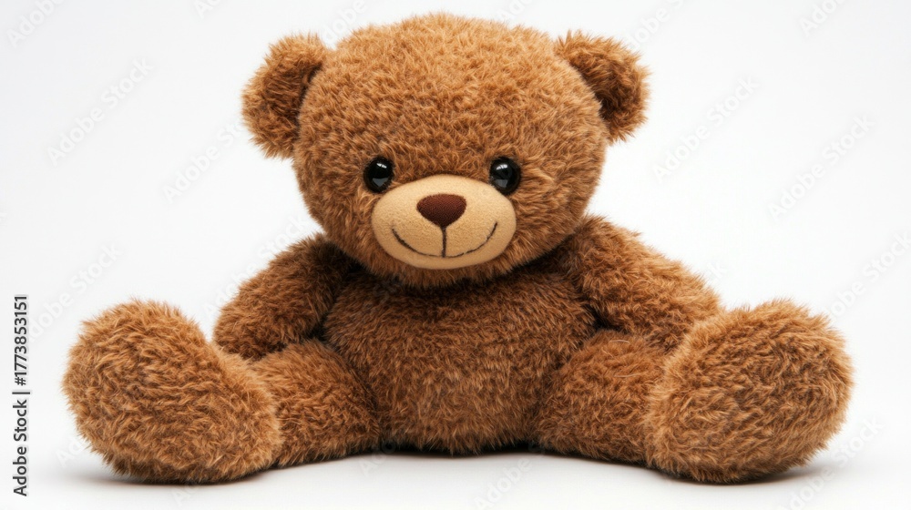 Obraz premium A cute teddy bear with a friendly smile on a white background. Perfect for children's products, toy advertising and decorating children's rooms.