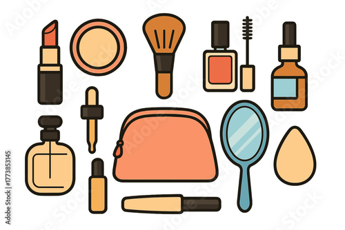 Set of cosmetic products and beauty tools including makeup bag mirror and application sponge