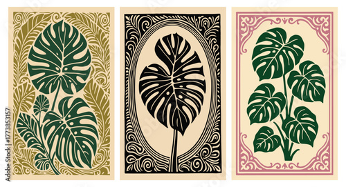 Vintage botanical vector illustration with monstera leaves and ornamental frames. Perfect for wall art, posters, packaging, tropical design, and retro prints.
