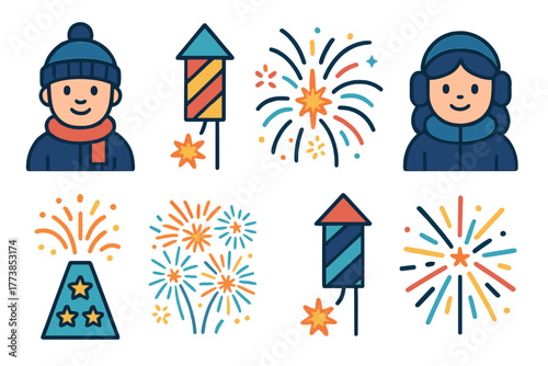Happy people celebrating winter holidays with colorful icons and exploding fireworks displays