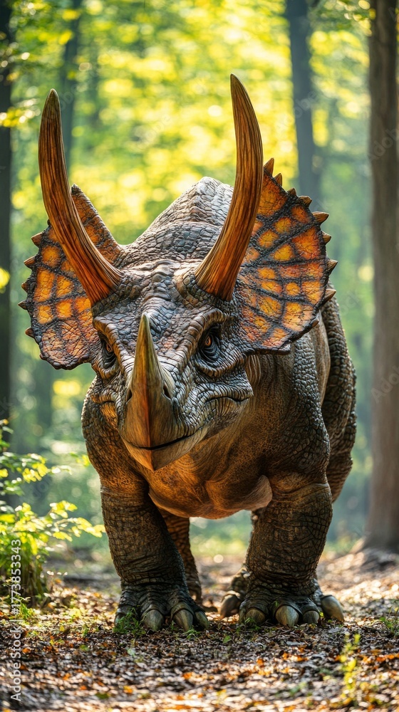 Fototapeta premium Triceratops in the forest, a realistic model of a dinosaur among trees. Design of children's books, themed exhibitions, educational projects about prehistoric animals.