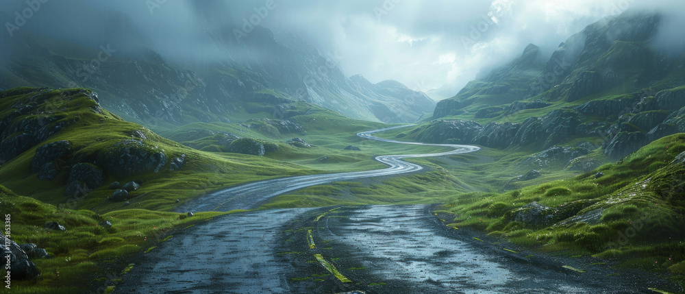 Fototapeta premium A mountain road among green hills, fog and clouds above the peaks. Inspiring for travel, articles about nature, tourist guides.
