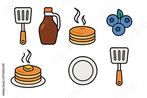 Hot pancakes stack with syrup, blueberries, and kitchen cooking utensils icons
