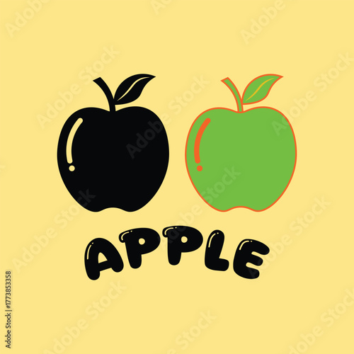  black and green apple vector icon set with leaf and stem isolated on white background.