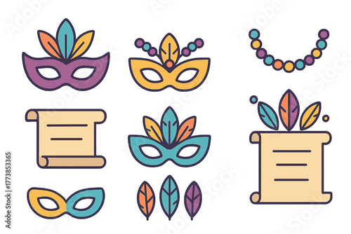 Colorful set of traditional Carnival and Mardi Gras celebration icons including festive masks, beads, and scrolls