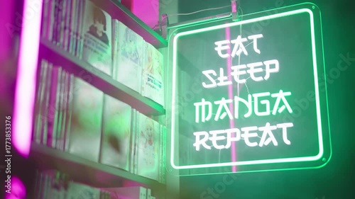 Futuristic neon sign beside manga comics shelf Eat Sleep Manga Repeat 4K