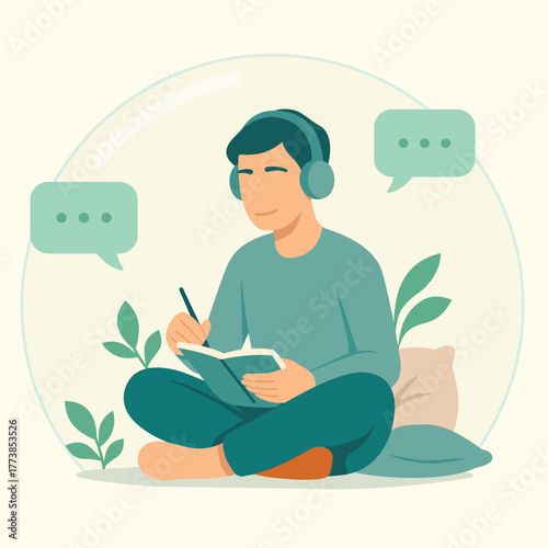 Introvert man contained in his own world – peaceful journaling and mindfulness illustration