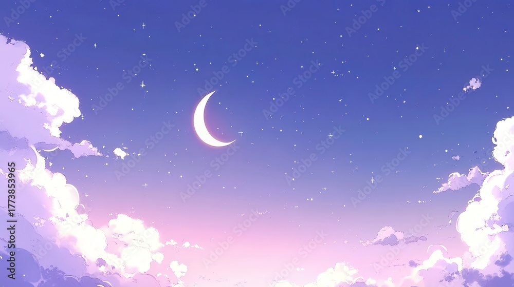 Fototapeta premium Dreamy night sky with crescent moon, stars, and fluffy clouds, ideal for romantic projects, illustrations, and serene designs, create a magical ambiance