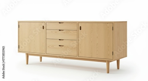 Wallpaper Mural Minimalist light wood storage cabinet with drawers and doors positioned against a white background Torontodigital.ca