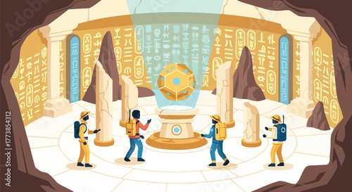 An illustration depicts a team of explorers examining a glowing, geometric object within an ancient, ornate chamber, illuminated by a beam of light, hinting at discovery and historical significance.