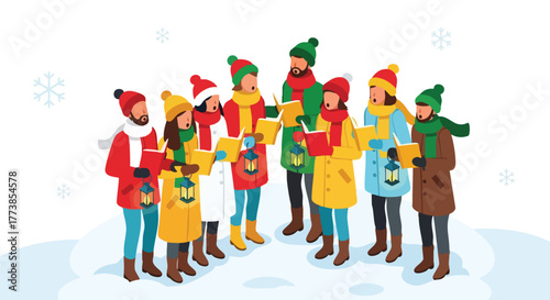 A cheerful group of carolers, bundled in winter attire, sing carols outdoors in a snowy landscape, illuminated by lanterns, celebrating the holiday season with joy and togetherness.