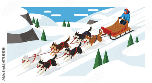An illustration depicts a musher guiding a dog sled team through a snowy mountain landscape, emphasizing winter sports, adventure, and the bond between humans and animals during a thrilling journey.