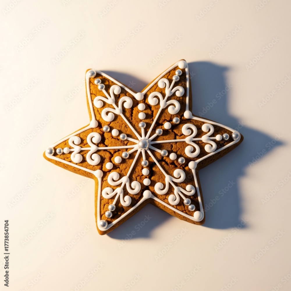 Obraz premium Star Shaped Gingerbread Cookie with White Icing on Cream Background Overhead Shot