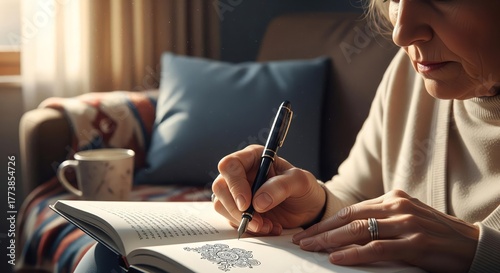 Elderly Woman Writing in Journal with Pen, Cozy Setting