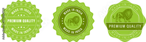 Three circular emblems displaying premium quality and made in India,  Green color make India stamp