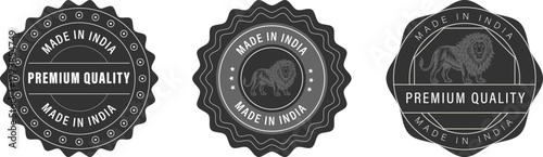 Three circular emblems displaying premium quality and made in India, 