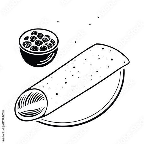 Black and white illustration of a rolled dosa with a bowl of filling indian food