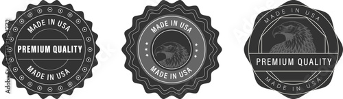Three decorative badges with American themes and premium quality labels