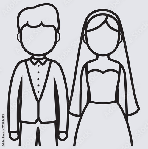deep outline cute cartoon bride and groom silhouette vector art illustration, vector illustration of a couple
