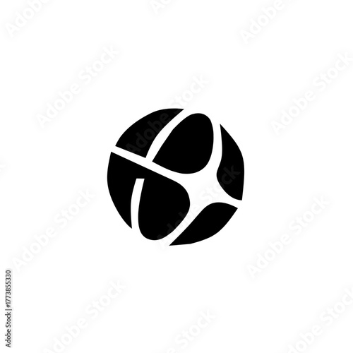 A modern abstract circular logo with intersecting shapes forming a dynamic pattern, symbolizing connection, innovation, technology, and global unity in minimalist style.