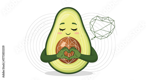A peaceful cartoon avocado character meditates, forming a heart with its hands over a geometric seed, with a wireframe heart floating above, symbolizing love, health, and mindfulness.