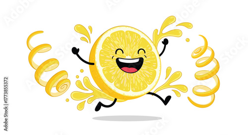 A joyful and energetic cartoon lemon slice leaps enthusiastically, surrounded by vibrant splashes of juice and decorative, zesty lemon peels.