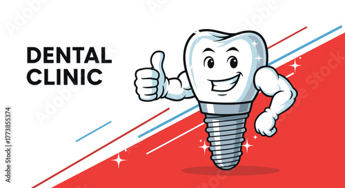 A cheerful cartoon dental implant character with muscular arms gives a thumbs-up gesture, promoting a dental clinic on a dynamic white and red background.