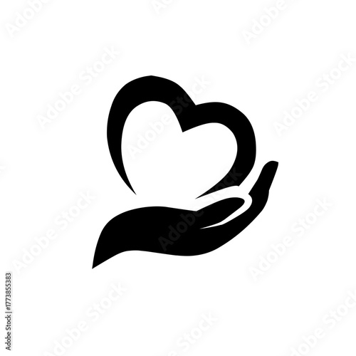 A minimalist vector logo of a hand gently holding a heart, symbolizing love, care, kindness, and compassion in a simple modern black design for charity or wellness brands.