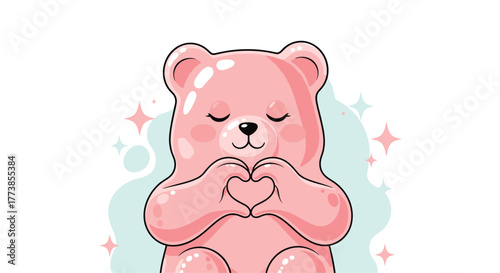 Sweet cartoon illustration of a happy pink gummy bear, making a heart symbol with its hands, embodying love and cuteness with glowing accents.