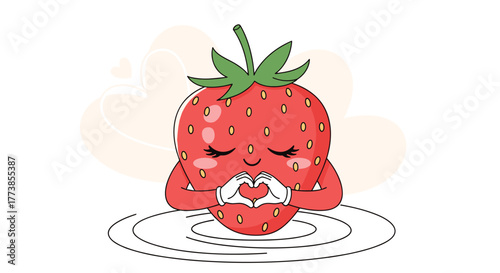 Adorable cartoon strawberry character expressing love, peacefully meditating with hands forming a heart, surrounded by gentle ripples and faint heart shapes.