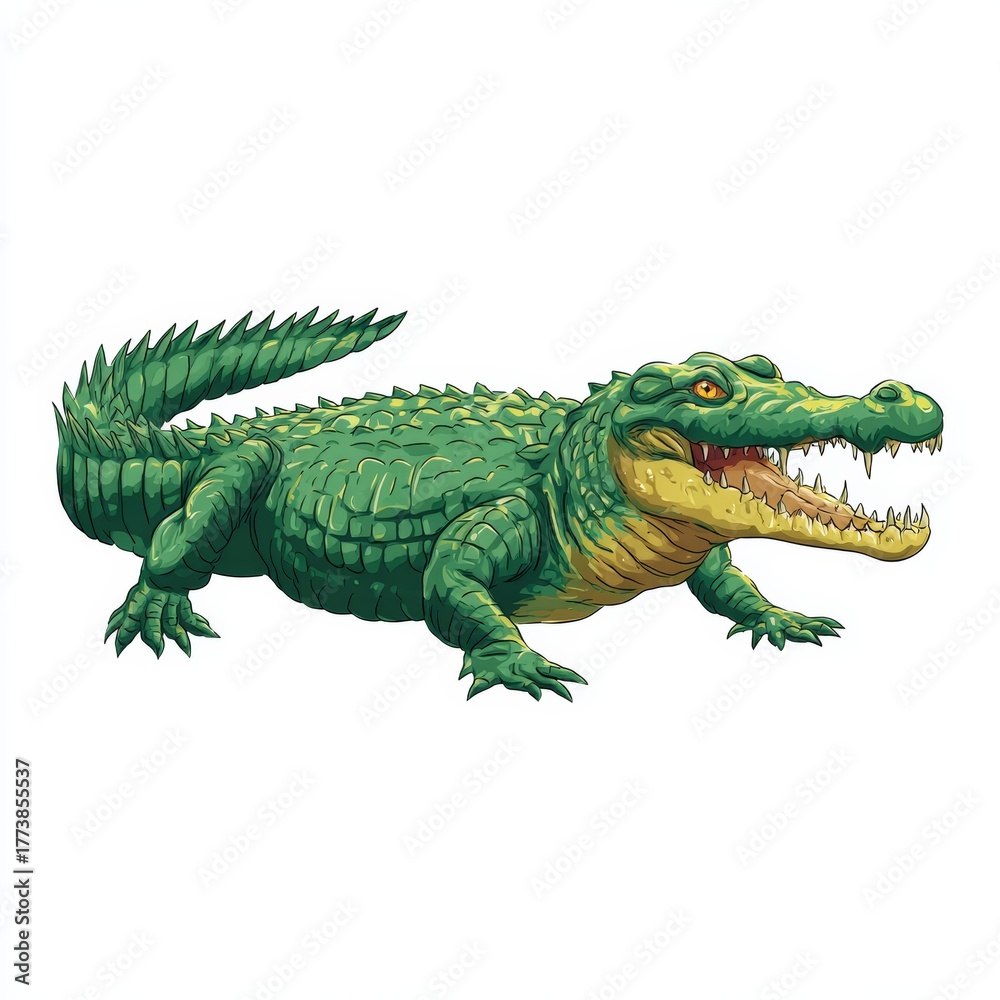 Naklejka premium A detailed depiction of a fierce crocodile with its jaws wide open, showcasing its sharp teeth. It is full of life and threat