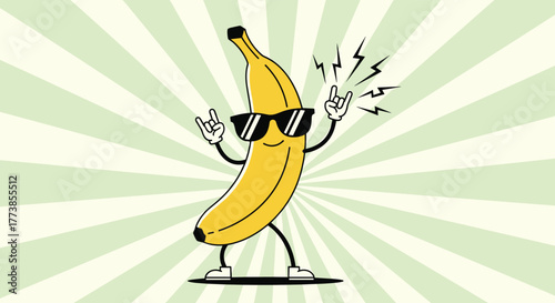 This fun illustration features a stylish banana character with shades and rock-on hands, exuding a vibrant, energetic, and slightly rebellious attitude on a retro background.