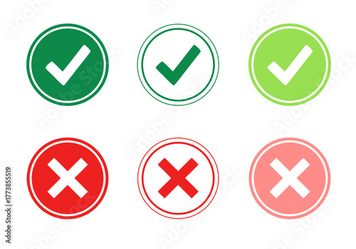 Set of green checkmarks and red cross marks in circles, positive and negative confirmation icons