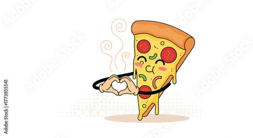 A cheerful, anthropomorphic pizza slice illustration, complete with melted cheese, pepperoni, and fresh veggies, joyfully forming a heart with its hands and steaming, ready to show some love.