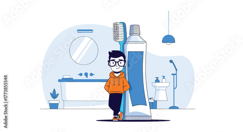 A young man with glasses and an orange hoodie leans against a giant toothbrush and toothpaste tube in a minimalist blue bathroom, representing the daily dental hygiene routine.