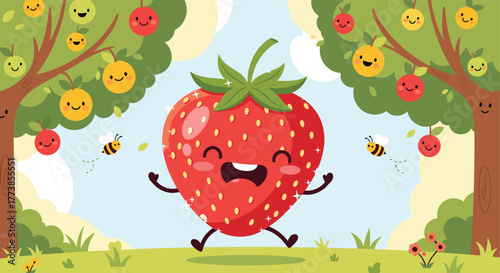 A cheerful, sparkling cartoon strawberry with a wide smile and rosy cheeks joyfully runs through a whimsical fruit orchard, surrounded by happy apple trees and buzzing bees.