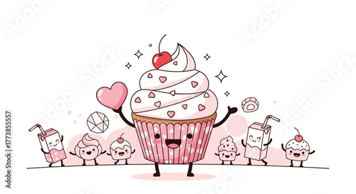 An adorable cartoon illustration features a large happy cupcake holding a heart, surrounded by smaller sweet treats and smiling juice boxes, all in shades of pink and white.