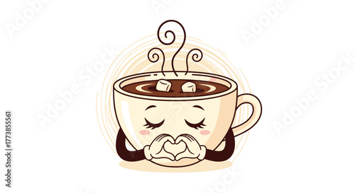 A cute cartoon cup of hot chocolate with marshmallows and steaming hot beverage, personified with a sweet face and hands forming a heart, radiating warmth and comfort.