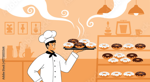 A friendly baker in a white chef's uniform proudly presents a fresh tray of warm, frosted donuts in a cozy, monochrome bakery setting, with more pastries displayed on shelves.