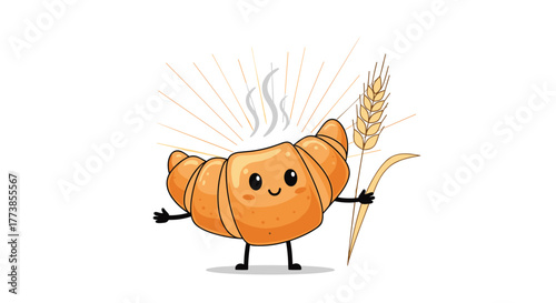 A cute, freshly baked, steaming cartoon croissant happily holds a golden wheat stalk, celebrating delicious French breakfast pastry and natural ingredients.
