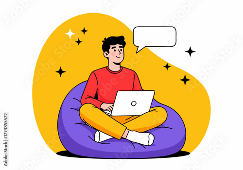 Young man working on laptop while sitting on a beanbag with speech bubble overhead