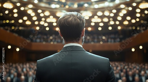 Businessman presenting innovative investment strategies clients vibrant corporate seminar hall future finance concepts