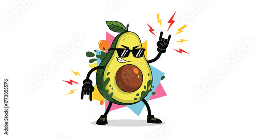 A cool, energetic cartoon avocado character with sunglasses and sneakers performs rock and roll hand gestures amidst vibrant lightning bolts and colorful geometric background elements.