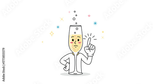 A whimsical cartoon champagne flute character with rosy cheeks and gloves points an index finger upwards, surrounded by celebratory bubbles and colorful sparkles.